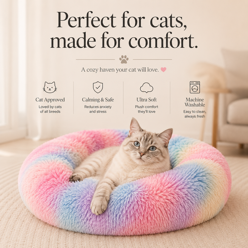 Calming Donut Pet Bed for Small Dogs 20", Anti-Anxiety Plush Cozy Warming Dog Bed, Pink Rainbow
