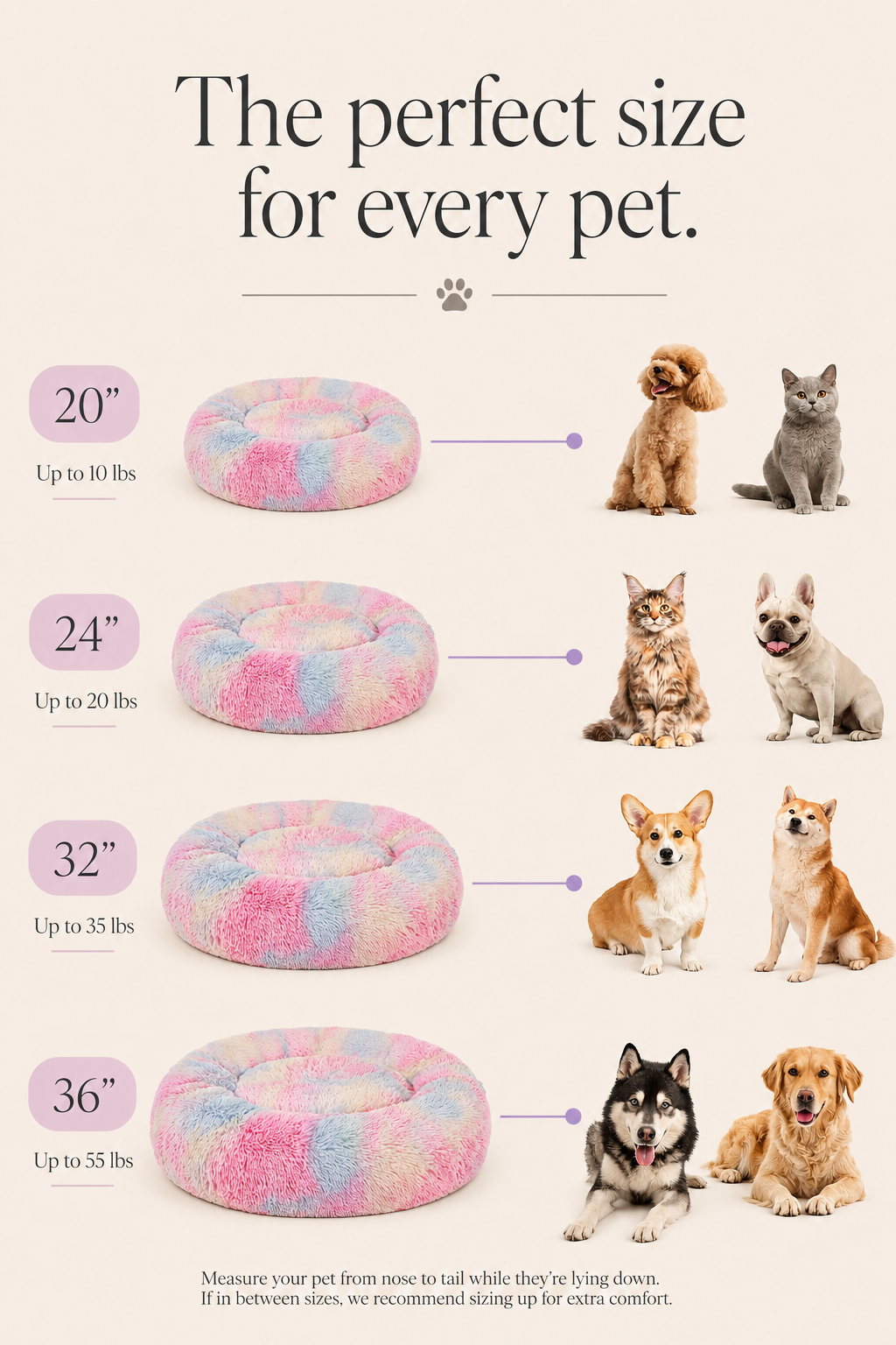Calming Donut Pet Bed for Small Dogs 20", Anti-Anxiety Plush Cozy Warming Dog Bed, Pink Rainbow