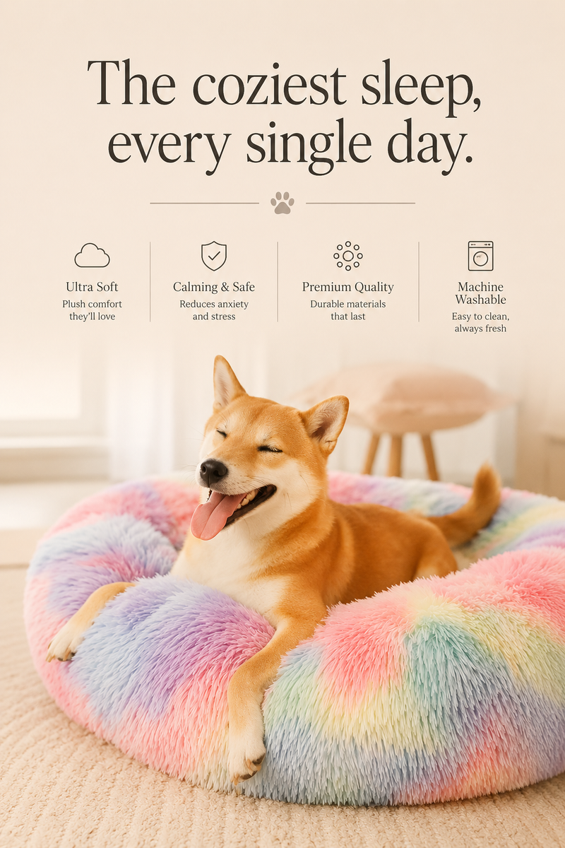 Calming Donut Pet Bed for Small Dogs 20", Anti-Anxiety Plush Cozy Warming Dog Bed, Pink Rainbow