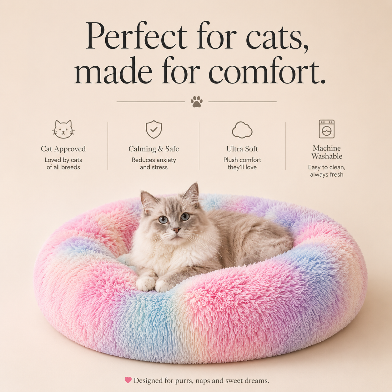 Calming Donut Pet Bed for Small Dogs 20", Anti-Anxiety Plush Cozy Warming Dog Bed, Pink Rainbow