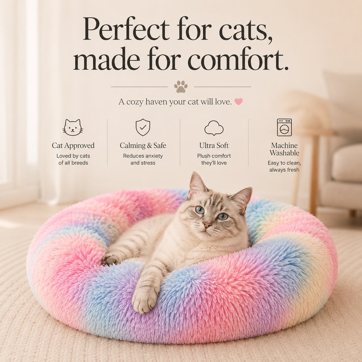 Calming Donut Pet Bed for Small Dogs 20", Anti-Anxiety Plush Cozy Warming Dog Bed, Pink Rainbow