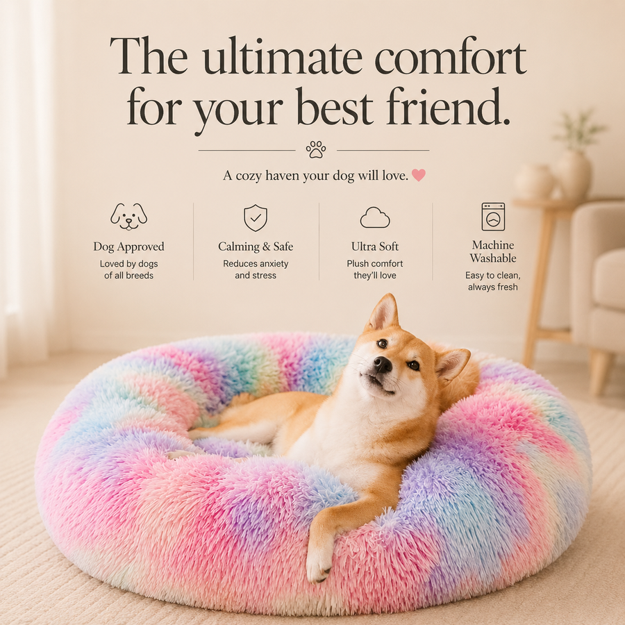 Calming Donut Pet Bed for Small Dogs 20", Anti-Anxiety Plush Cozy Warming Dog Bed, Pink Rainbow
