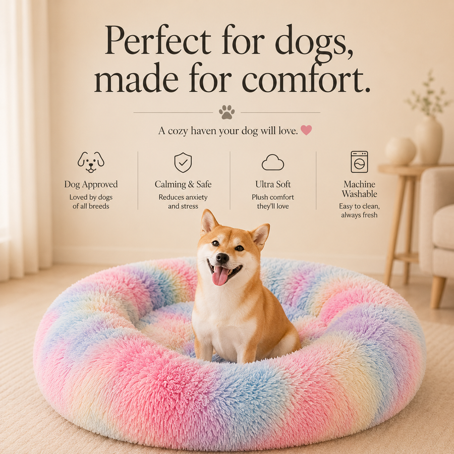 Calming Donut Pet Bed for Small Dogs 20", Anti-Anxiety Plush Cozy Warming Dog Bed, Pink Rainbow